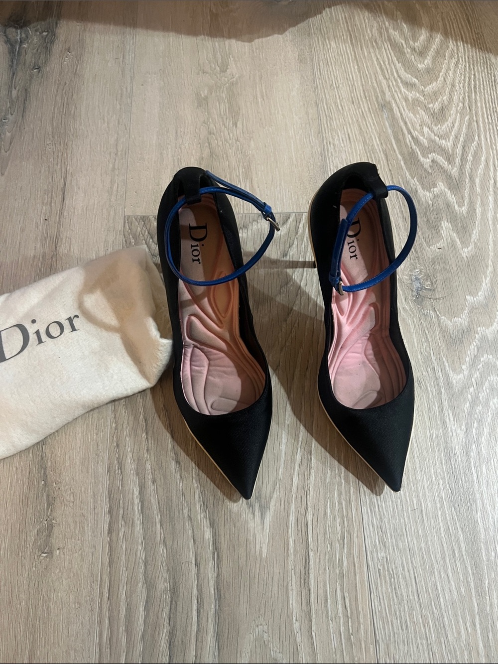 Dior Raf Simons Black Pointed-Toe Pumps with Blue Ankle Strap